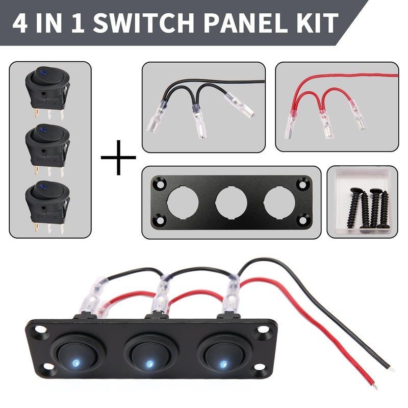 SDAQGE Round Rocker Switch Panel with 3 Pin Toggle Switch 12v 20a Blue Led Switch Panel Aluminum On Off Switch 12v for Car,Truck Marine Boat Rv Vehicle Yachts Etc （3 Way） - Image 4